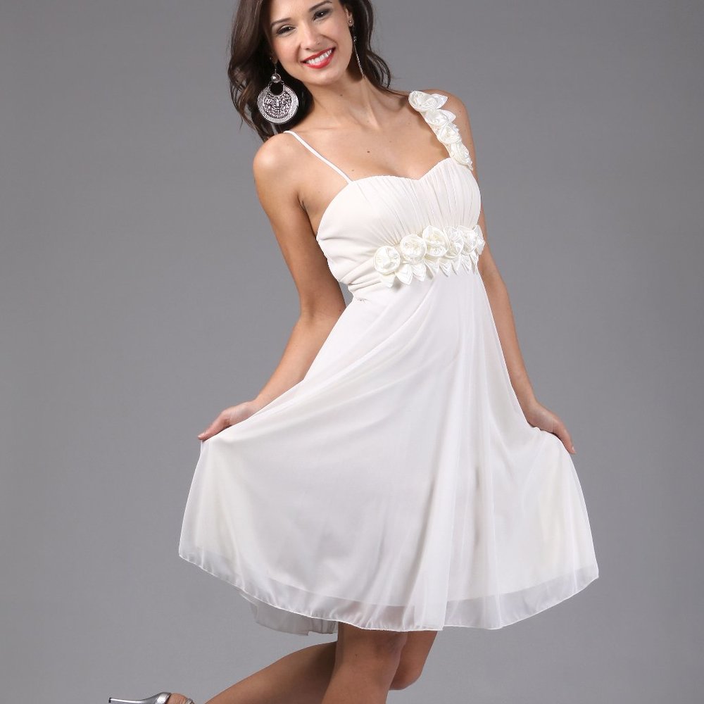 Sheer White Chiffon Short Dress w/ Satin Roses SM